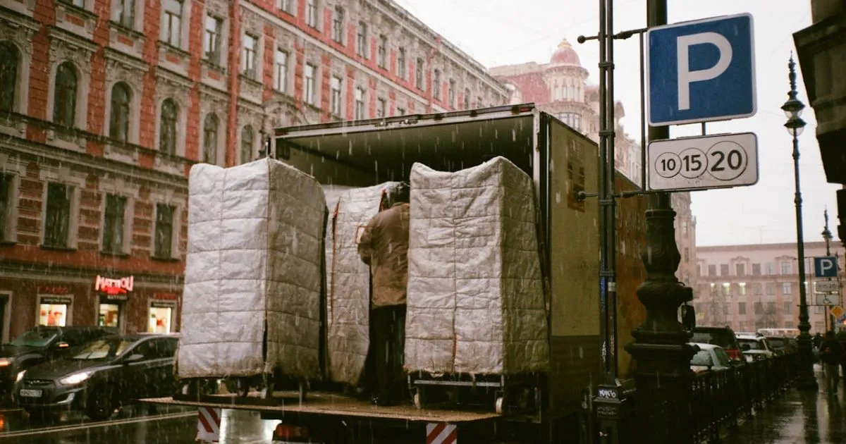 A Moving Truck Parked On The Street On A Rainy Day